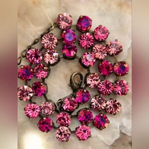 Pink Rose and Fuchsia In Swarovski Crystals On Classic Tennis Brass Necklace